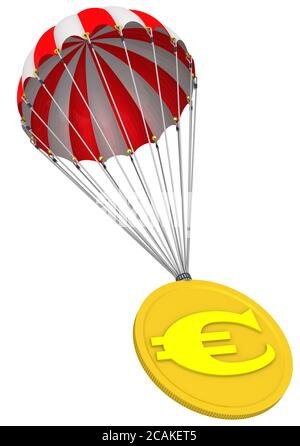 La pièce de monnaie avec le symbole de la monnaie européenne est en parachute. La pièce d'or avec le symbole de la monnaie européenne tombe sur le parachute. Banque D'Images