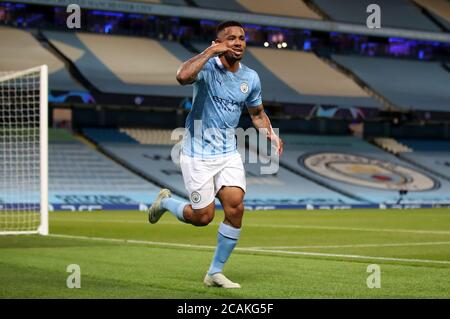 Gabriel Jesus, de Manchester City, célèbre le deuxième but du match de sa partie lors de la Ligue des champions de l'UEFA, ronde de 16, deuxième match de jambe au Etihad Stadium, Manchester. Vendredi 7 août 2020. Voir PA Story FOOTBALL Man City. Le crédit photo devrait se lire comme suit : Nick Potts/NMC Pool/PA Wire. Banque D'Images