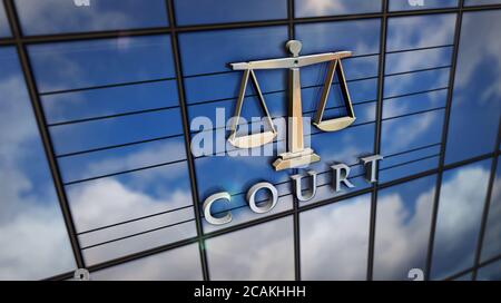 Cour avec un symbole de poids sur bâtiment en verre. Ciel en miroir et façade moderne de la ville. Justice, droit, droit, justice, équité, justice et palais de justice public co Banque D'Images