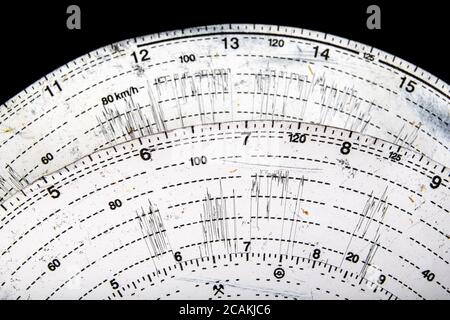 Cadran de tachygraphe papier. Route du conducteur professionnel. Arrière-plan clair. Banque D'Images