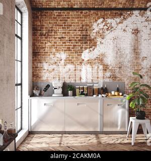 Appartement loft, cuisine intérieure, style industriel, rendu 3d Banque D'Images