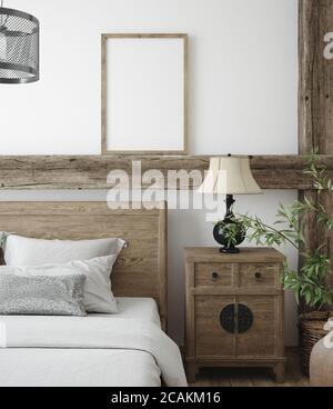 Cadre de maquette dans l'arrière-plan intérieur de la chambre, style Farmhouse, rendu 3d Banque D'Images