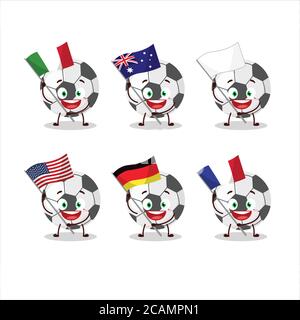 Le personnage de dessin animé de ballon de football apporte les drapeaux de divers pays Illustration de Vecteur