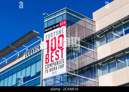 Campus du siège social de cadence dans la Silicon Valley. Cadence Design Systems, Inc. A nommé l'une des 2019 meilleures entreprises du classement Fortune 100 à travailler pour - San Jose, CA Banque D'Images