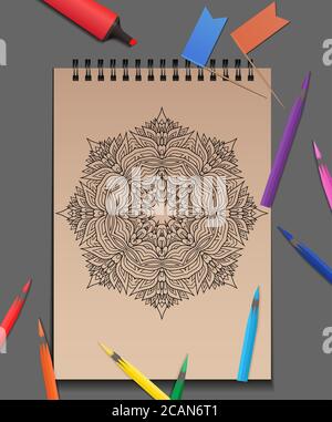 Illustration vectorielle de la coloration des adultes mandala avec des crayons de couleur sur la table. Exemple pour les présentations et votre conception Illustration de Vecteur