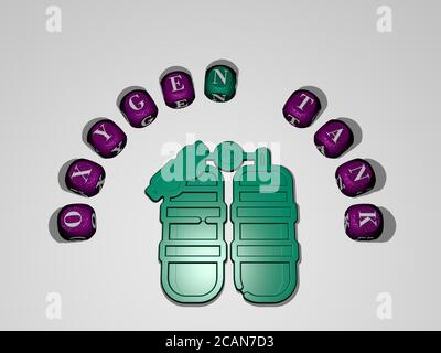 Icône DE RÉSERVOIR D'OXYGÈNE entourée de lettres individuelles. Illustration 3D. Arrière-plan et air Banque D'Images
