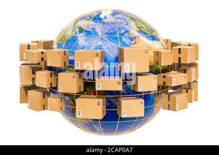 Concept mondial d'expédition et de livraison, colis avec Earth Globe Around. Rendu 3D isolé sur fond blanc Banque D'Images