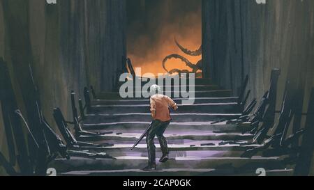 un homme avec un fusil marche dans les escaliers et regarde le monstre, le style d'art numérique, la peinture d'illustration Banque D'Images