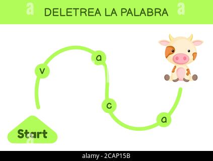Deletrea la palabra - Spell le mot. Labyrinthe pour les enfants. Modèle de jeu de mots d'orthographe. Apprenez à lire le mot vache. Page d'activité pour l'étude en espagnol Illustration de Vecteur