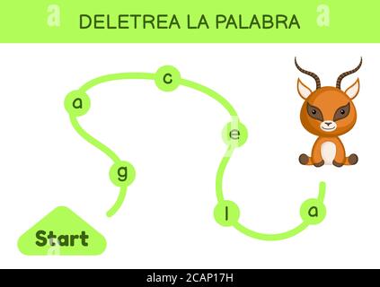 Deletrea la palabra - Spell le mot. Labyrinthe pour les enfants. Modèle de jeu de mots d'orthographe. Apprenez à lire des gazelles de mot. Page d'activité pour l'étude en espagnol Illustration de Vecteur