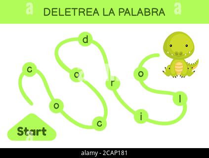 Deletrea la palabra - Spell le mot. Labyrinthe pour les enfants. Modèle de jeu de mots d'orthographe. Apprenez à lire le mot crocodile. Page d'activité pour l'étude en espagnol Illustration de Vecteur