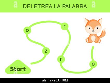 Deletrea la palabra - Spell le mot. Labyrinthe pour les enfants. Modèle de jeu de mots d'orthographe. Apprenez à lire le mot Fox. Page d'activité pour l'étude en espagnol Illustration de Vecteur