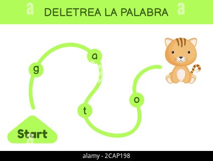 Deletrea la palabra - Spell le mot. Labyrinthe pour les enfants. Modèle de jeu de mots d'orthographe. Apprenez à lire le mot Cat. Page d'activité pour l'étude en espagnol Illustration de Vecteur
