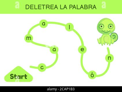 Deletrea la palabra - Spell le mot. Labyrinthe pour les enfants. Modèle de jeu de mots d'orthographe. Apprenez à lire le mot caméléon. Page d'activité pour l'étude en espagnol Illustration de Vecteur