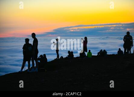 Brecon Beacons, pays de Galles. 8 août 2020. Les gens voient le lever du soleil depuis le sommet de Pen y-Fan dans les balises de Brecon à la première lumière sur ce qui est prévu pour être le jour le plus chaud de l'année dans certaines parties du Royaume-Uni. La montagne, qui est la plus haute du sud de la Grande-Bretagne, attire des randonneurs dans la matinée qui sont témoins du soleil se levant dans le ciel. Crédit : Robert Melen/Alamy Live News. Banque D'Images