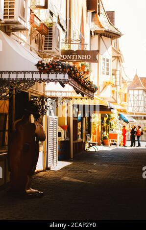 Photo verticale de la vue latérale des entrées du magasin décorées de fleurs et d'un panneau pour le magasin Pontinho à Vila Germanica, Blumenau - Brésil pendant l'af Banque D'Images