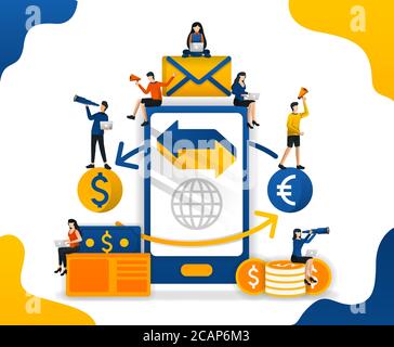 Transfert et envoi d'argent avec application. Commerce entre devises. forex trading apps, concept vector ilustraation. Peut utiliser pour la page d'arrivée, modèle Illustration de Vecteur