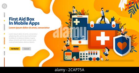 First Aid Box dans l'application Mobile, pour protéger la santé et le confort du patient. Le concept d'illustration vectorielle peut être utilisé pour la page d'arrivée, le modèle, l'interface utilisateur Illustration de Vecteur