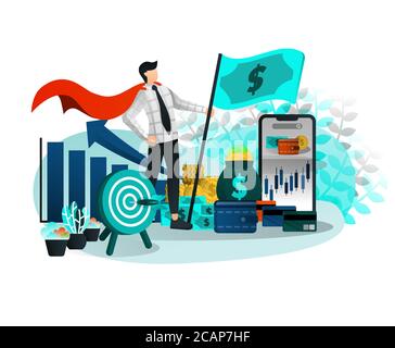 Homme d'affaires et Entrepreneur SuperHero avec brillante carrière et finance. Indicateur d'argent et tous les objectifs atteints. Illustration vectorielle pour Web, élément, Ba Illustration de Vecteur