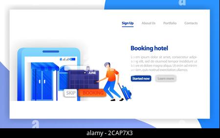 Recherche et réservation d'hôtel en ligne. Interface d'application de réservation isomatric. Le client détermine la date de la réservation de l'hôtel. flat Vector illus Illustration de Vecteur