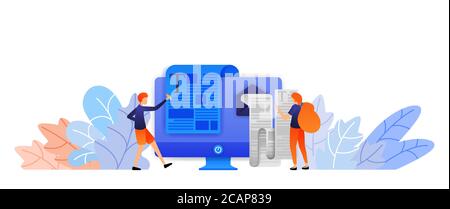 Lecture des élèves et de l'examen des essais sur moniteur. l'étude et l'éducation à l'e-learning tutorial vector illustration concept pour, landing page, web, interface utilisateur, Illustration de Vecteur