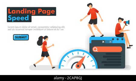 Illustration du vecteur de vitesse de la page d'arrivée. Les gens mesurent la vitesse sur le Web et les moteurs de recherche pour optimiser le référencement dans le traitement des mots-clés et des résultats de recherche. Illustration de Vecteur