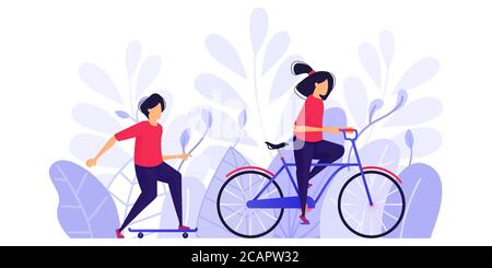 Les gens font de l'exercice, se détendre et profiter de l'après-midi dans le parc à vélo et à skateboard. Illustration du vecteur de concept de caractère pour la page de renvoi Web, Ba Illustration de Vecteur