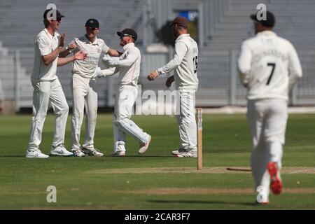 CHESTER LE STREET, ANGLETERRE. 8 AOÛT 2020. George Balderson de Lancashire célèbre après avoir lancé Gareth Harte de Durham avec un succès direct lors du match de Bob Willis Trophy entre Durham County Cricket Club et Lancashire à Emirates Riverside, Chester le Street, le samedi 8 août 2020. (Credit: Mark Fletcher | MI News) Credit: MI News & Sport /Alay Live News Banque D'Images