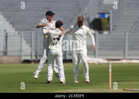 CHESTER LE STREET, ANGLETERRE. 8 AOÛT 2020. George Balderson de Lancashire célèbre après avoir lancé Gareth Harte de Durham avec un succès direct lors du match de Bob Willis Trophy entre Durham County Cricket Club et Lancashire à Emirates Riverside, Chester le Street, le samedi 8 août 2020. (Credit: Mark Fletcher | MI News) Credit: MI News & Sport /Alay Live News Banque D'Images