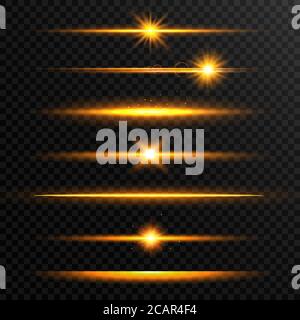 Jeu de lignes brillantes. Ensemble d'évasements d'objectif Golden Realistic. Collection d'effets de lumière dorée sur fond transparent. Flash avec rayons et projecteur. Brillant Illustration de Vecteur