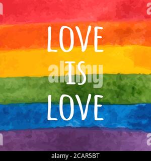 Drapeau LGBT aquarelle. Arc-en-ciel peint à la main Carte de tolérance de jour. Love is love - texte « Pride ». Illustration vectorielle. Illustration de Vecteur