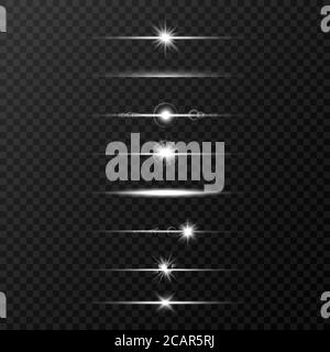 Poutres brillantes. Ligne lumineuse sur fond transparent. Jeu d'évasements réalistes. Flash avec rayons et projecteur. Des lumières, des étoiles et des étincelles. Illustration de Vecteur