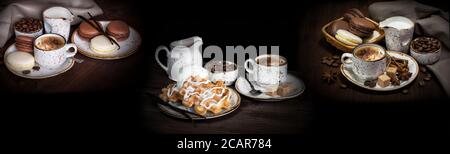 Une tasse de café, des gaufres, de la crème glacée, des biscuits aux amandes et des grains de café se trouvent sur un fond sombre. Panorama pour les éclaboussures Banque D'Images