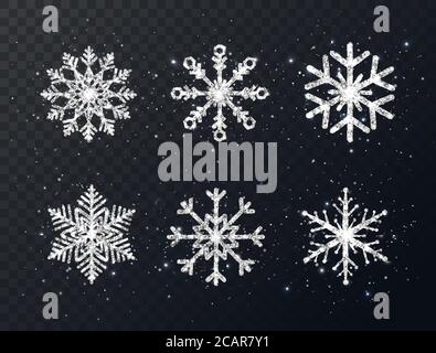 Collection de flocons de neige argentés scintillants sur fond transparent. Motif de Noël brillant avec étoiles et étoiles. Hiver vacances décoration de luxe pour Illustration de Vecteur