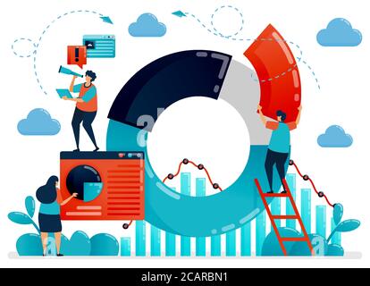 Stratégie de l'entreprise avec des données statistiques sur un graphique circulaire et un graphique. Planifier et effectuer des recherches pour optimiser les performances et la croissance de l'entreprise. Vecteur plat humain illust Illustration de Vecteur