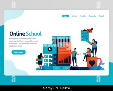 Illustration vectorielle pour la page d'accueil de l'école en ligne. Applications mobiles pour l'enseignement et l'apprentissage. Didacticiel vidéo, salle de classe en ligne, leçon de séminaire en ligne, distance Illustration de Vecteur
