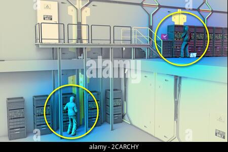 Des pirates informatiques en action sur des serveurs d'entreprise de grande taille. Informations piratées et secrets d'affaires. Connexion de piratage. Dérober des informations et les diffuser en ligne Banque D'Images