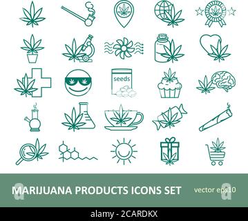 Kit d'icônes de produits de marijuana. Ensemble d'icônes de cannabis. Icônes linéaires du cannabidiol. Pictogrammes pour la page Web, l'application mobile, la promotion. Illustration de Vecteur