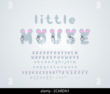 Petite souris, couleur grise. Alphabet vectoriel de dessin animé. Lettres majuscules et chiffres avec visages animaux mignons, nez et oreilles roses. Police amusante pour les enfants, Illustration de Vecteur