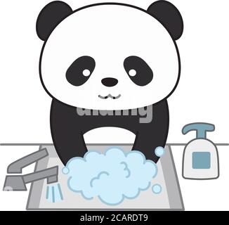 Panda géant se lavant les mains à l'aide d'un désinfectant pour les mains. Illustration vectorielle isolée sur fond blanc. Illustration de Vecteur
