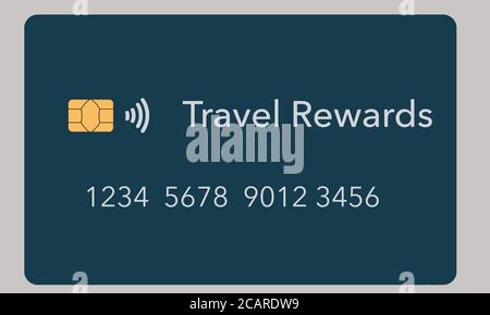 Une carte de crédit Travel Rewards est vue isolée sur un fond clair. Il s'agit d'une carte factice ou générique. Il est un environ une douzaine différents types de crédit Banque D'Images