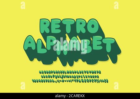 Alphabet rétro vert, motif vintage long ombré. Police vectorielle, majuscules et minuscules, chiffres, signes de ponctuation. Illustration de Vecteur