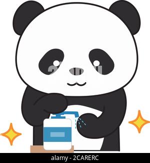 Panda géant se lavant les mains à l'aide d'un désinfectant pour les mains. Illustration vectorielle isolée sur fond blanc. Illustration de Vecteur