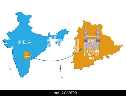 Illustration vectorielle du jour de formation de Telangana le 2 juin avec carte sur la carte indienne montrant charminar Illustration de Vecteur