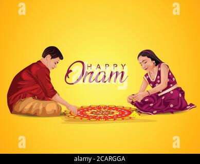 illustration vectorielle de message d'accueil happy onam. illustration d'une femme qui fait du pookalam pour les enfants Illustration de Vecteur