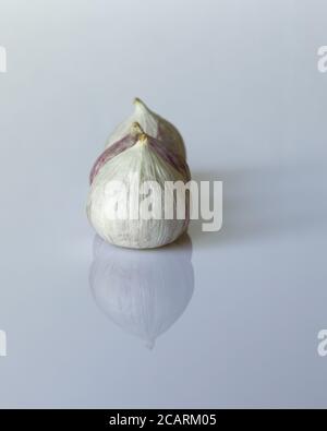 Les ampoules à l'ail Solo fraîches sont utilisées pour la cuisson sur fond blanc. Ils sont cultivés en Asie Banque D'Images