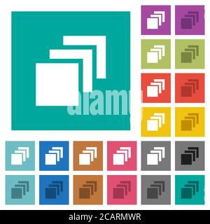 Plusieurs toiles d'icônes plates multicolores sur des fonds carrés simples. Inclut des variantes d'icône blanche et foncée pour les effets de survol ou actifs. Illustration de Vecteur