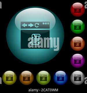 Navigateur exécutant des icônes de script en couleur boutons sphériques lumineux sur fond noir. Peut être utilisé pour les modèles noirs ou sombres Illustration de Vecteur