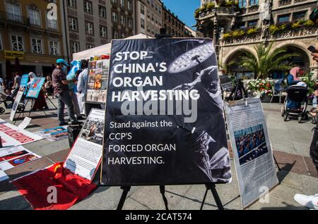 Munich, Bavière, Allemagne. 8 août 2020. Faisant état de la détérioration de la situation dans la province chinoise du Xinjiang, les Allemands Uyghurs ont manifesté sur la Marienplatz de Munich. Potentiellement, 11 millions d'Uyghurs vivent sous l'oppression en Chine avec 150 des plus grandes préoccupations en Europe ont des intérêts économiques dans la région et des Uyghurs dans leur chaîne d'approvisionnement, comme Nike, Volkswagen, Apple, BMW, Samsung, Huawei, Sony, et d'autres. Il y a environ 800 uyghurs dans la communauté d'exil à Munich. Credit: Sachelle Babbar/ZUMA Wire/Alay Live News Banque D'Images