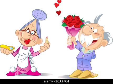 L'illustration vectorielle représente un couple actif âgé dans un style de dessin animé. Grand-mère fait le maquillage et grand-père lui donne un bouquet de fleurs Illustration de Vecteur